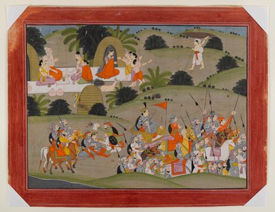 Battle between Lava and Shatrughna near the Hermitage of Valmiki (Page from a Dispersed Ramayana Series) by Indian School